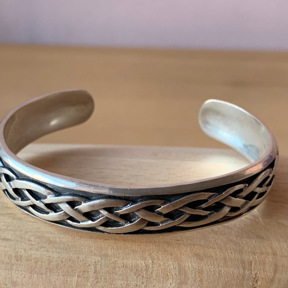 VINTAGE BRADED ORNATE WIDE CUFF BANGLE BRACELET 925 STERLING SILVER HEAVY BEAUTY